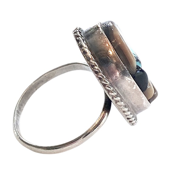 Native American Inlaid Stone Ring Turquoise Abalone Coral Sterling Silver 925 - Picture 3 of 5
